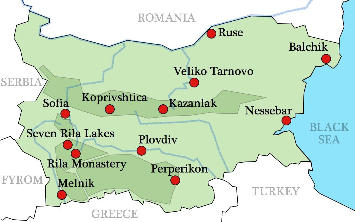 mapa bulharských klášterů